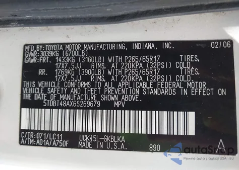 2006 Toyota Sequoia Limited V8 z USA, uszkodzony, nr VIN 5TDBT48AX6S269679